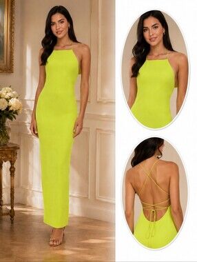 Asos lime green strappy Criss Cross Back Fairycore column maxi slip dress Sz 2